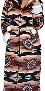 TrailCrest Aztec Womens Lightweight Soft Fleece Hooded Zip Up Lounge Bathrobe- Plush Long Spa Robes Sleepwear Apparel