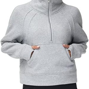 THE GYM PEOPLE Womens’ Half Zip Pullover Fleece Stand Collar Crop Sweatshirt with Pockets Thumb Hole