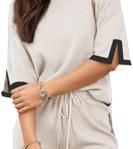 Women’s Tracksuits Sweater Sets 2 Piece Outfits Lounge Set Short Sleeve Knit Pullover Tops Wide Leg Shorts