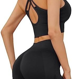 Workout Yoga Outfits for Women 2 Piece Seamless Ribbed High Waist Shorts Womens Tracksuits with Sports Bra Exercise Set