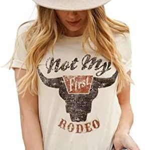SECETKET Not My First Rodeo Steer Skull T-Shirt Tee Women Casual Country Short Sleeve Tops