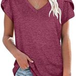 isermeo Womens Summer Tops Sexy V Neck Petal Sleeve Casual Solid Color Tee Tshirts S-XXL