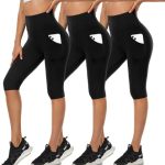 DHSO 3 Pack Knee Length Leggings with Pockets High Waisted Capri Pants Biker Shorts for Women Yoga Workout Summer