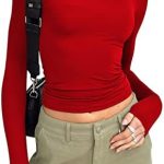 Cioatin Women’s Long Sleeve Round Neck Crop Top Tee Shirt Basic Solid Y2K Tight Slim Fit Cropped Shirt Workout Yoga