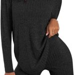 Lynkiss Women’s 2 Piece Outfits Ribbed long Sleeve Drop Shoulder Tee Biker Shorts Workout Set Tracksuit