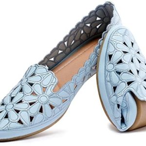 HEAWISH Women’s Floral Ballet Flats for Women Black Beige Slip On Flowers PU Leather Round Toe Dress Shoes