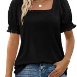 WIHOLL Womens Tops Summer Clothing Trendy 2024 Shirts Ruffle Trim Short Sleeve Tshirt Square Neck Ladies Casual Tunic