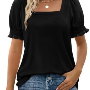 WIHOLL Womens Tops Summer Clothing Trendy 2024 Shirts Ruffle Trim Short Sleeve Tshirt Square Neck Ladies Casual Tunic