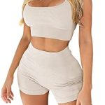 Laspia Workout Set for Women Outfit 2 Piece Seamless Ribbed High Waist Yoga Leggings Shorts with Sports Paded Bra