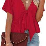 Womens Summer Tops Short Sleeve V Neck Tee Ruffle Hem Tie Front Basic T Shirts Blouses