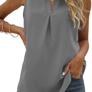 isermeo Womens Tank Tops Pleated V Neck Sleeveless Summer Shirts Loose Casual Tank Tops Blouse S-XXL