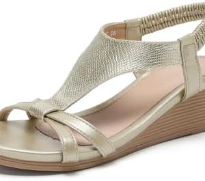 AMOJI Women’s T-strap Wedge Sandals Ankle Strap Dressy Summer Shoes With Elastic Strap FZ610