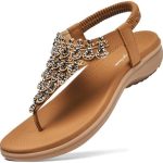 Littleplum Sandals Womens Rhinestone Elastic Strappy Flats T-Strap Thong for Summer Dressy Casual Comfort Walking Shoes Gladiator Sandals