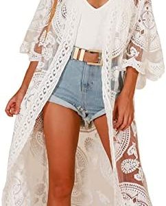 JDiction Women’s Swimsuit Cover Up Bathing Suit Kimono Lace Bikini Long Beach Dress Floral Swim Coverup