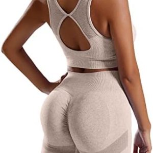 Workout Yoga Outfits for Women 2 Piece Seamless Ribbed High Waist Shorts Womens Tracksuits with Sports Bra Exercise Set