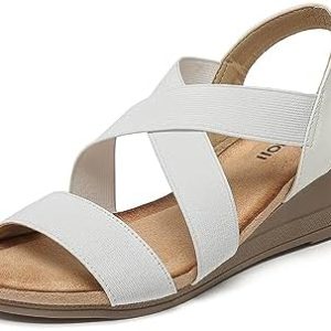 AMOJI Women’s Wedge Sandals Comfortable Dressy Summer Shoes With Elastic Strap FZ603
