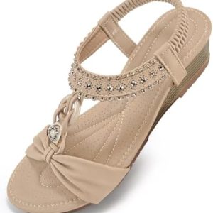 Ablanczoom Womens Sandals Wedge Shoes: Comfortable Elastic Ankle Strap Summer Dress Shoes Low Heel Open Toe Beach Gladiator Platform Sandals