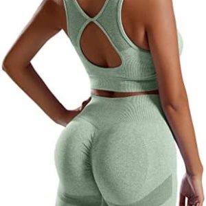 Workout Yoga Outfits for Women 2 Piece Seamless Ribbed High Waist Shorts Womens Tracksuits with Sports Bra Exercise Set