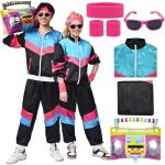 Forfamy 80s Tracksuit Costume Men Women, 90s Retro Hip-Hop Costume Jacket Shell Windbreaker Sportswear Party Dress Sweatband