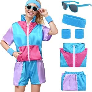 Forfamy Women 80s Sportswear Set, 6Pcs ColorBlock Windbreaker Sweatsuit Retro Tracksuit Outfit Short Sleeve Sweatband Glasses