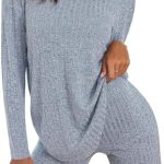 Lynkiss Women’s 2 Piece Outfits Ribbed long Sleeve Drop Shoulder Tee Biker Shorts Workout Set Tracksuit