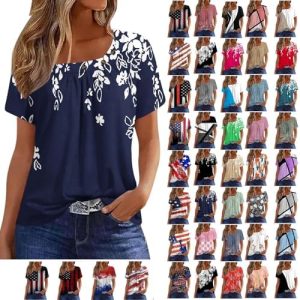 Womens Tops 2024 Summer Short Sleeve T Shirts Dressy Casual Button Decor Tops Trendy Floral Graphic Blouse Cute Boho Tees