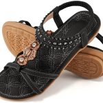 Women’s Sandals Casual Summer Beach Walking Shoes Comfortable Elastic Jeweled Bohemian Flats for Woman