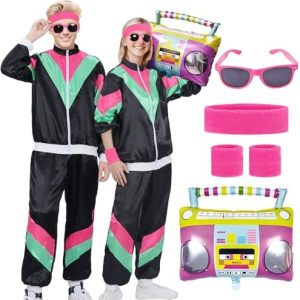 Forfamy 80s Tracksuit Costume Men Women, 90s Retro Hip-Hop Costume Jacket Shell Windbreaker Sportswear Party Dress Sweatbands