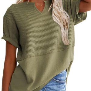 SHEWIN Womens Casual V Neck Waffle Knit Tops Short Sleeve T Shirts Loose Blouses 2024