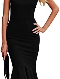 PRETTYGARDEN Women’s Elegant Midi Bodycon Dress Sleeveless Backless Ruffle Hem Mermaid Formal Cocktail Wedding Guest Dresses