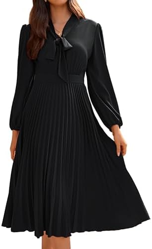 GRACE KARIN Womens Casual Dress V Neck Bow Tie Lantarn Sleeve Pleated Maxi Dress for Formal Events