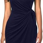 BERYDRESS Women Classy Cap Sleeve V Neck Draped Belt Knee-Length Faux Wrap Dress