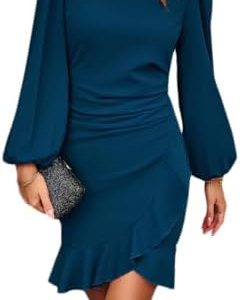 VECVOC Women’s Long Puff Sleeve Bodycon Short Dress Elegant Crewneck Ruffle Hem Cocktail Party Mini Holiday Dresses