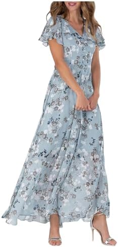 Maxi Dresses for Women Vacation Ruffle Short Sleeve Floral V Neck Chiffon Big Swing Dress Trendy 2024 Flowy Boho Beach Dress