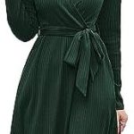 Newshows Women’s 2024 Fall Long Sleeve Sweater Dress Wrap V Neck Casual Ribbed Knit Winter Midi Dress with Pockets