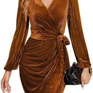 Women Sexy V Neck Long Sleeve Faux Wrap Velvet Wedding Guest Cocktail Party Nightout Club Dress