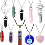 MAIBAOTA 10 Pcs Crystal Necklace Healing Amethyst Crystals Carnelian Chakra Necklaces Evil Eye Necklace Vintage Hippie Wiccan Boho Rose Quartz Moon Sun Jewelry Heart Gemstone Pendant for Women